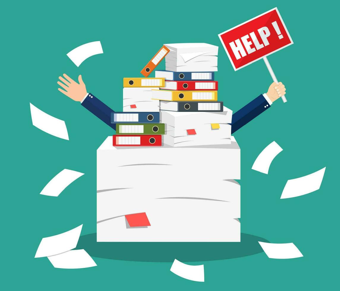 Stressed businessman under pile of office papers vector