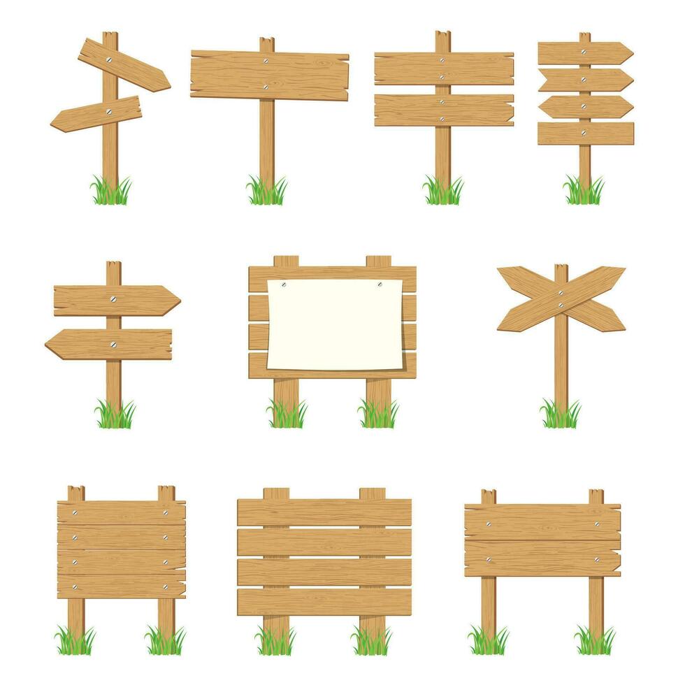 Wooden signboards, wood arrow sign set. vector