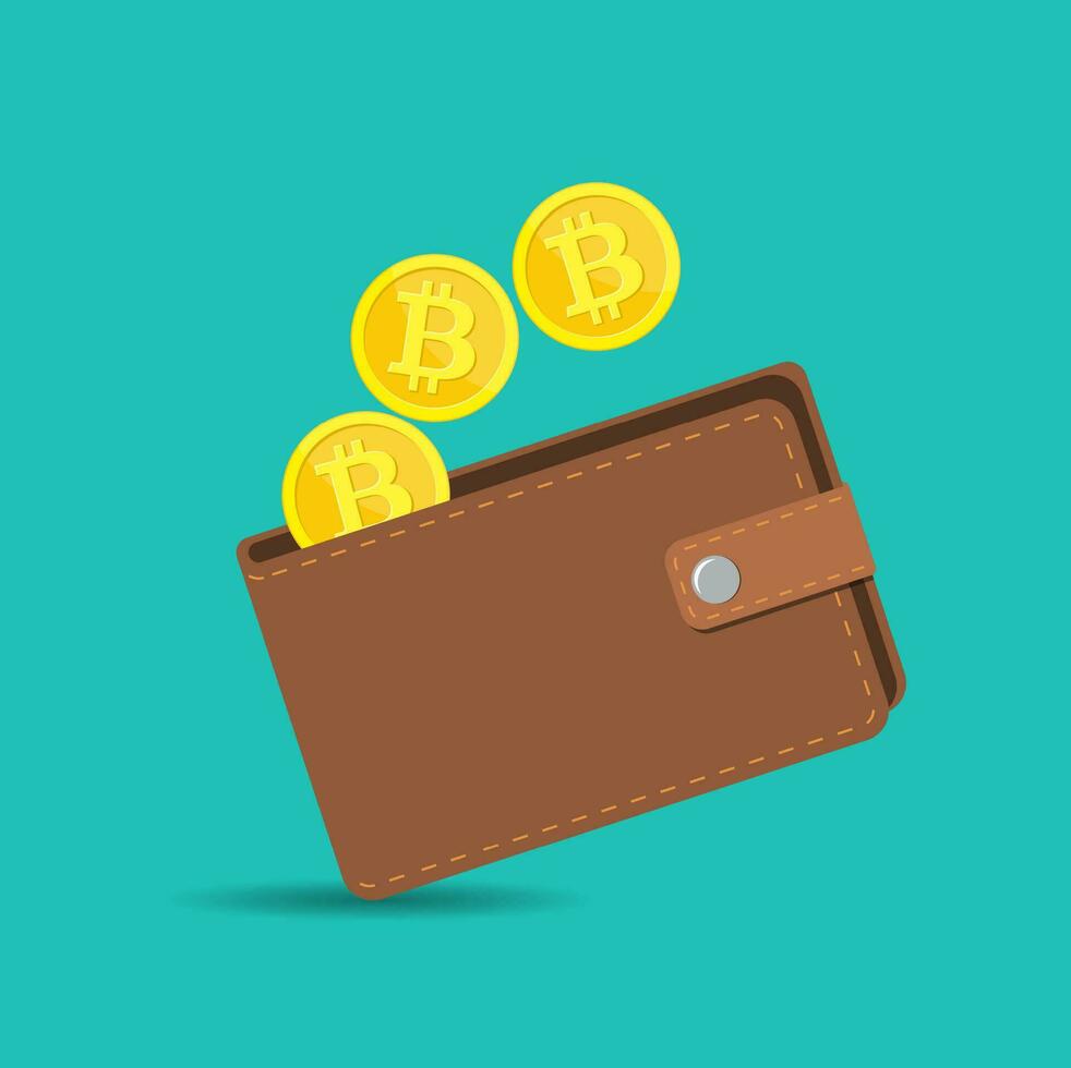 brown bitcoin wallet with coins vector