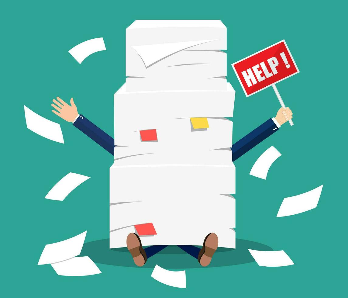 Stressed businessman under pile of office papers vector