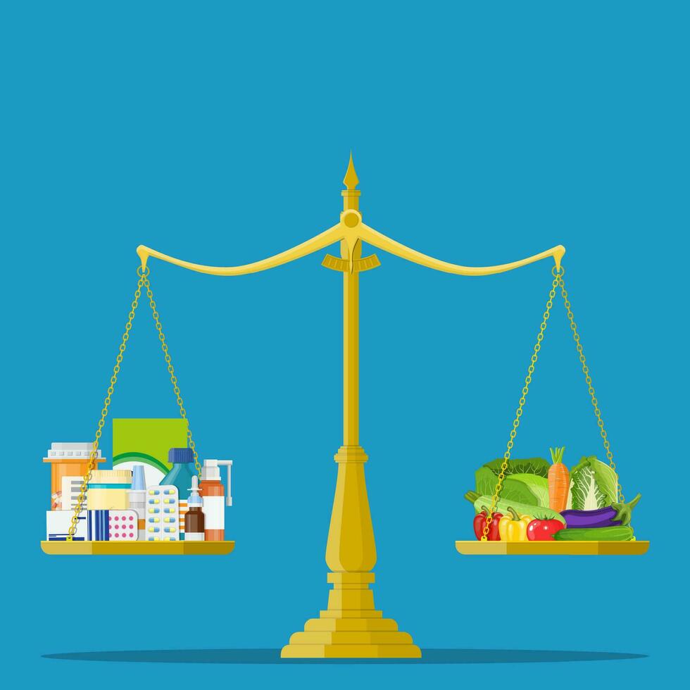 Medicine and fresh vegetables on the scale. vector