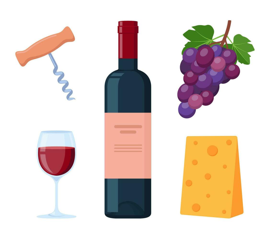 Wine bottle, piece of cheese, bunch of grapes and glass of wine. Corkscrew. Sommelier accessory. Vector illustration.