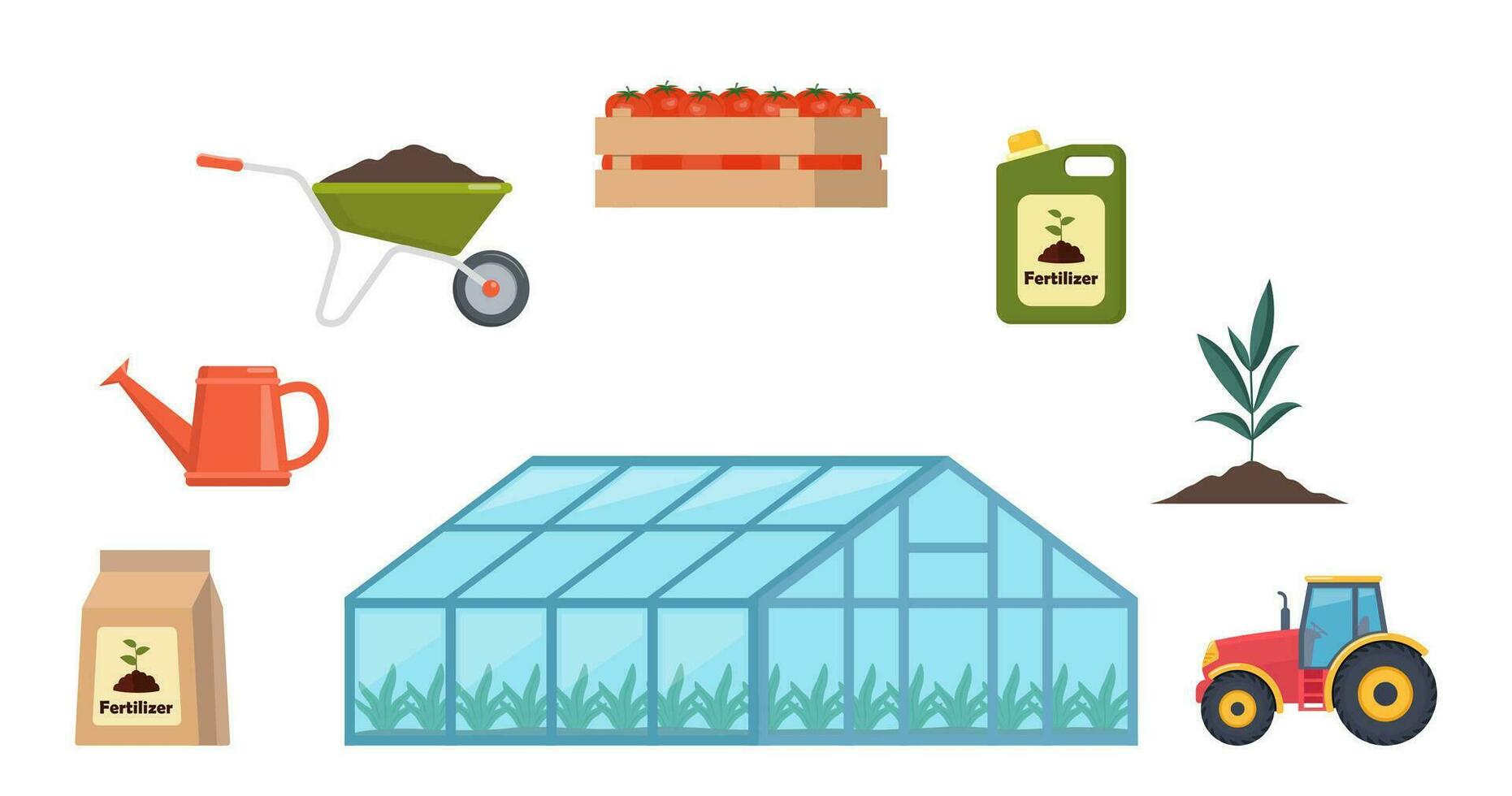 Greenhouse and different farm elements. Fertilizers, tractor, cart, watering can. Set of icons on farm theme. Vector illustration.
