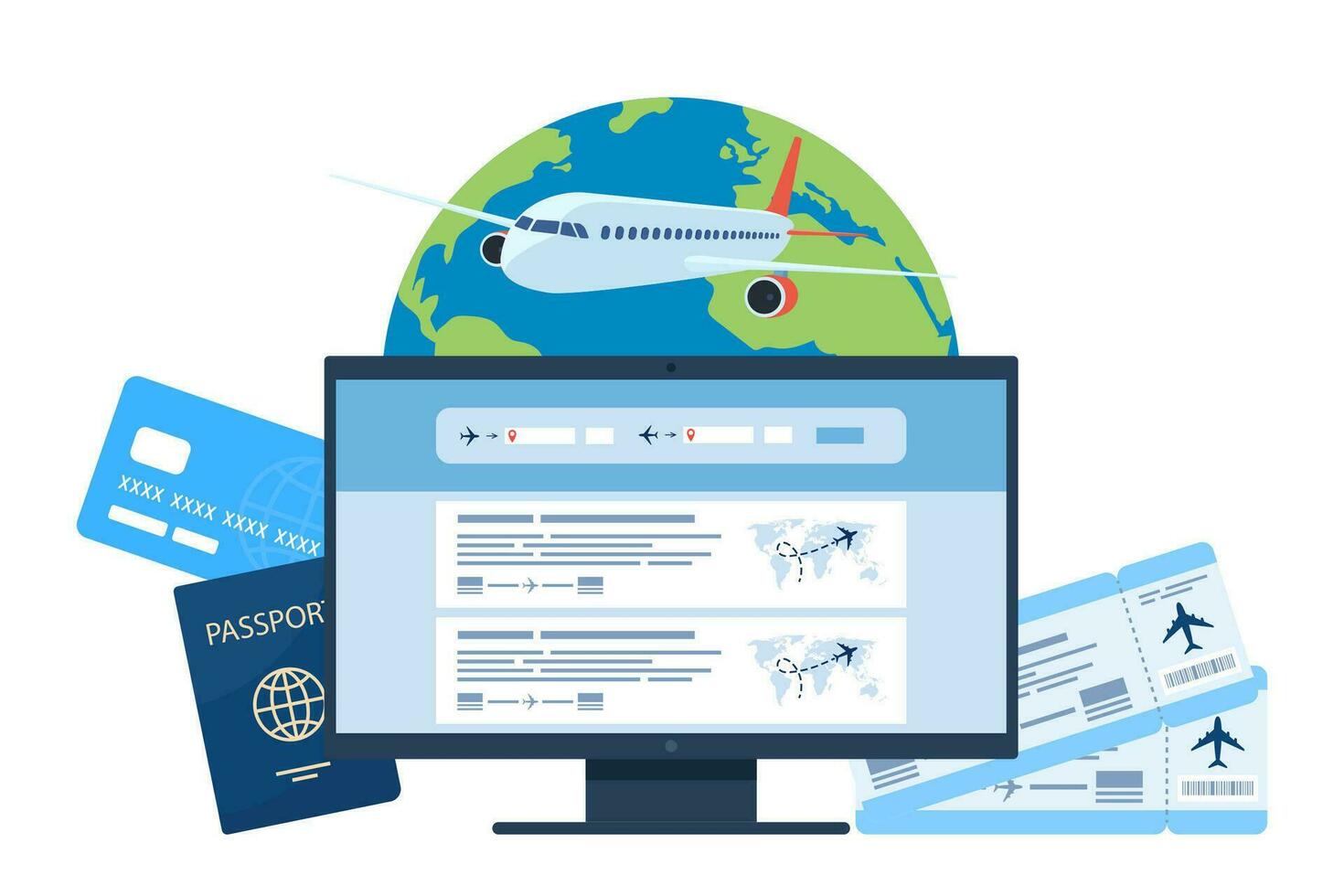 Online booking of flight tickets on the flight search site. Computer, air tickets and baggage, planet Earth and plane. Travel, journey, business trip. Vector illustration.