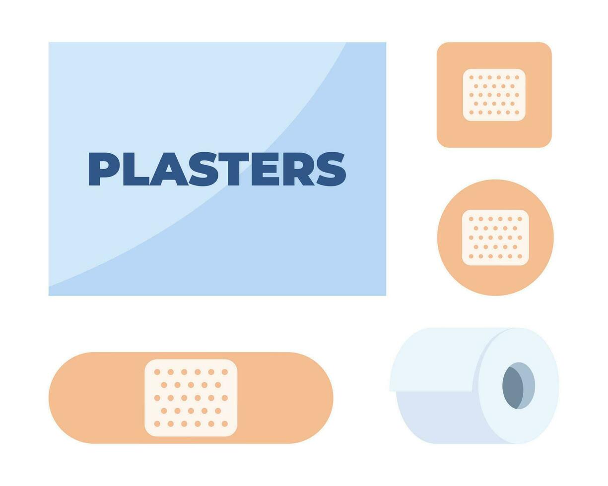 Plasters. Sticky tapes, set. Sealing wounds and injury. Antibacterial adhesive strips and rolls. Different shapes. First aid. Vector illustration.
