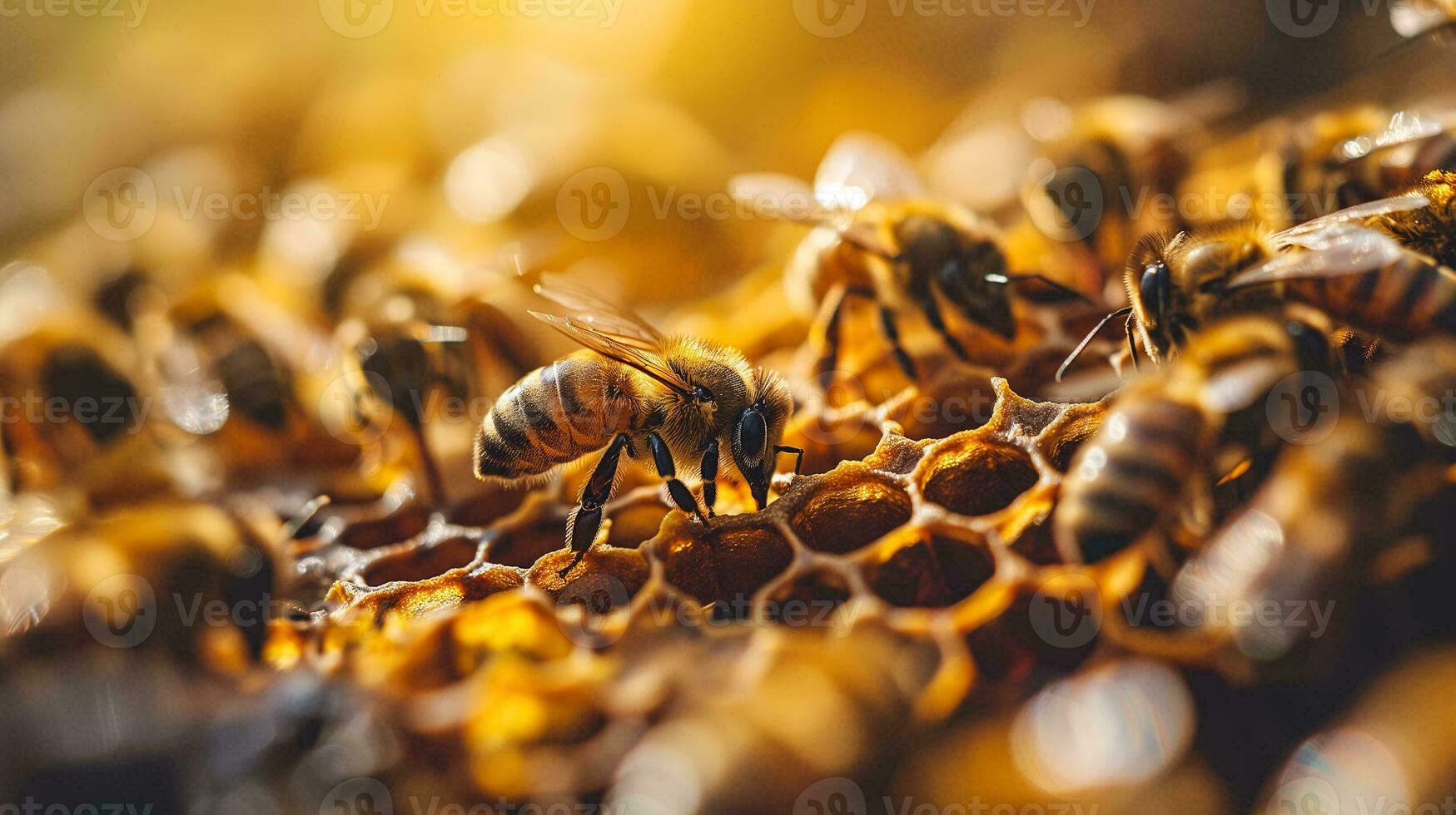 ai generado ocupado abejas iluminar trabajo en equipo en panal foto