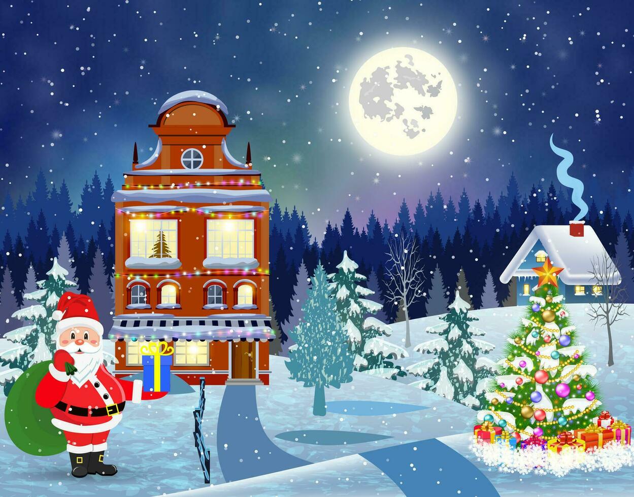 house in snowy Christmas landscape at night vector