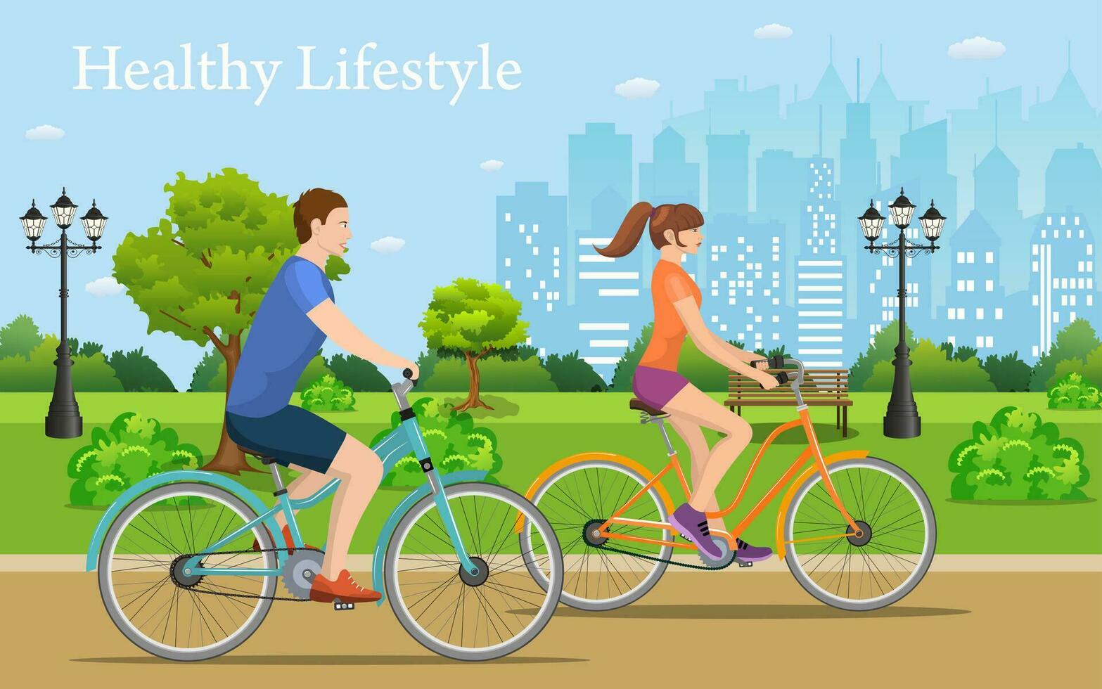 Couple Riding Bicycles In Public Park, vector