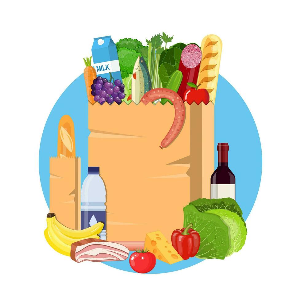 Paper shopping bag full of groceries products. vector