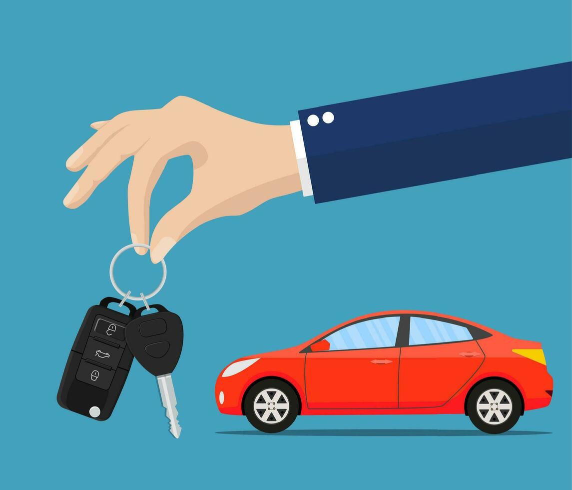 Dealer giving keys chain to a buyer hand vector