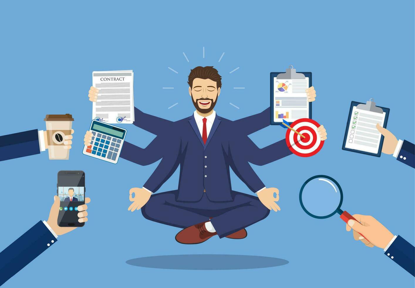 Business man surrounded by hands vector