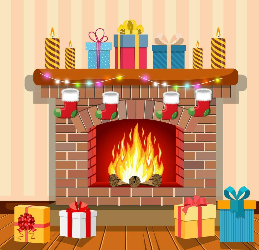 Christmas fireplace in interior vector