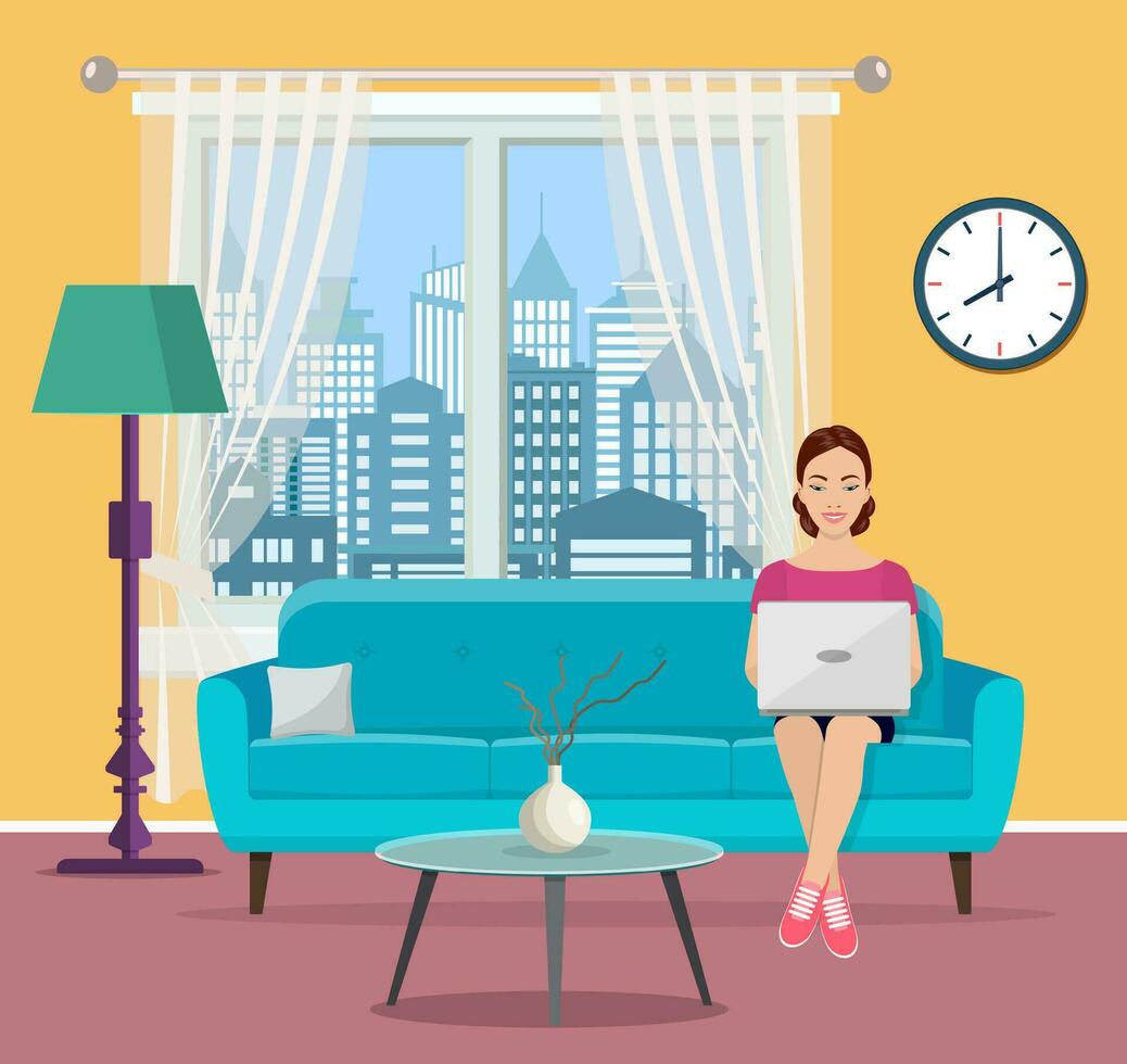 young woman using laptop at living room. vector