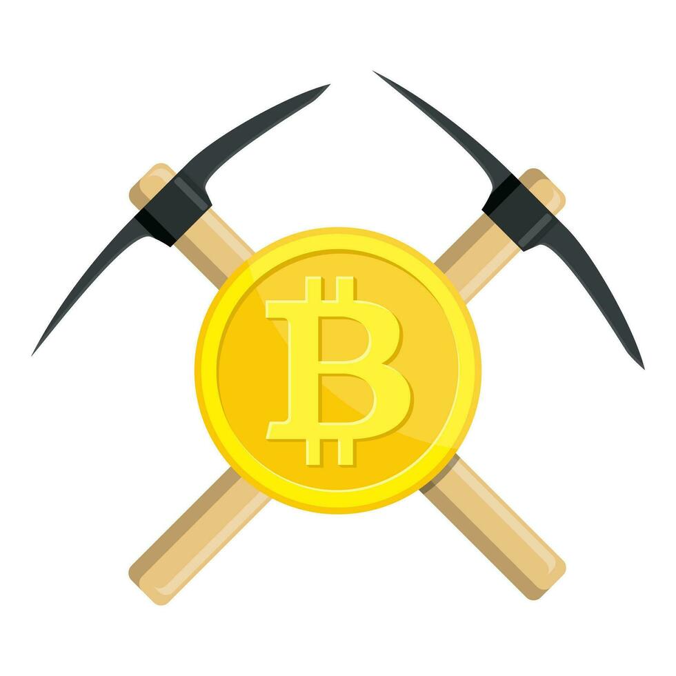 Golden bitcoin and pickaxe vector