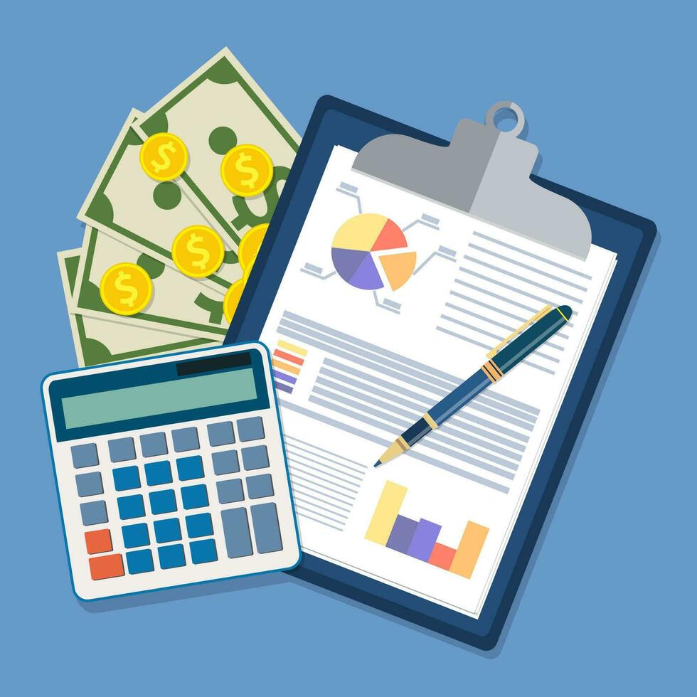 clipboard with financial reports and pen. vector