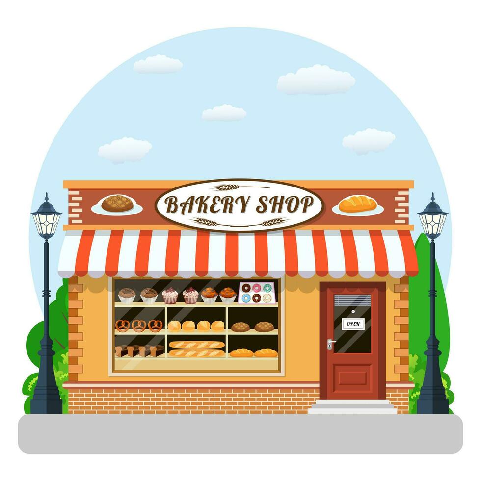 panadería tienda frente ver plano icono. vector