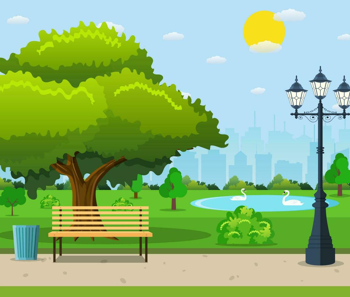 ciudad parque banco debajo un grande verde árbol vector