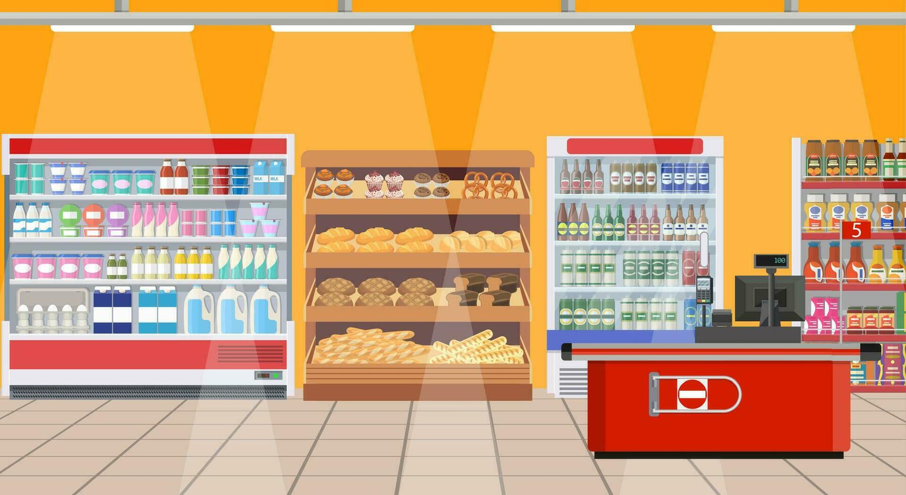 Supermarket interior. shelves with products. vector