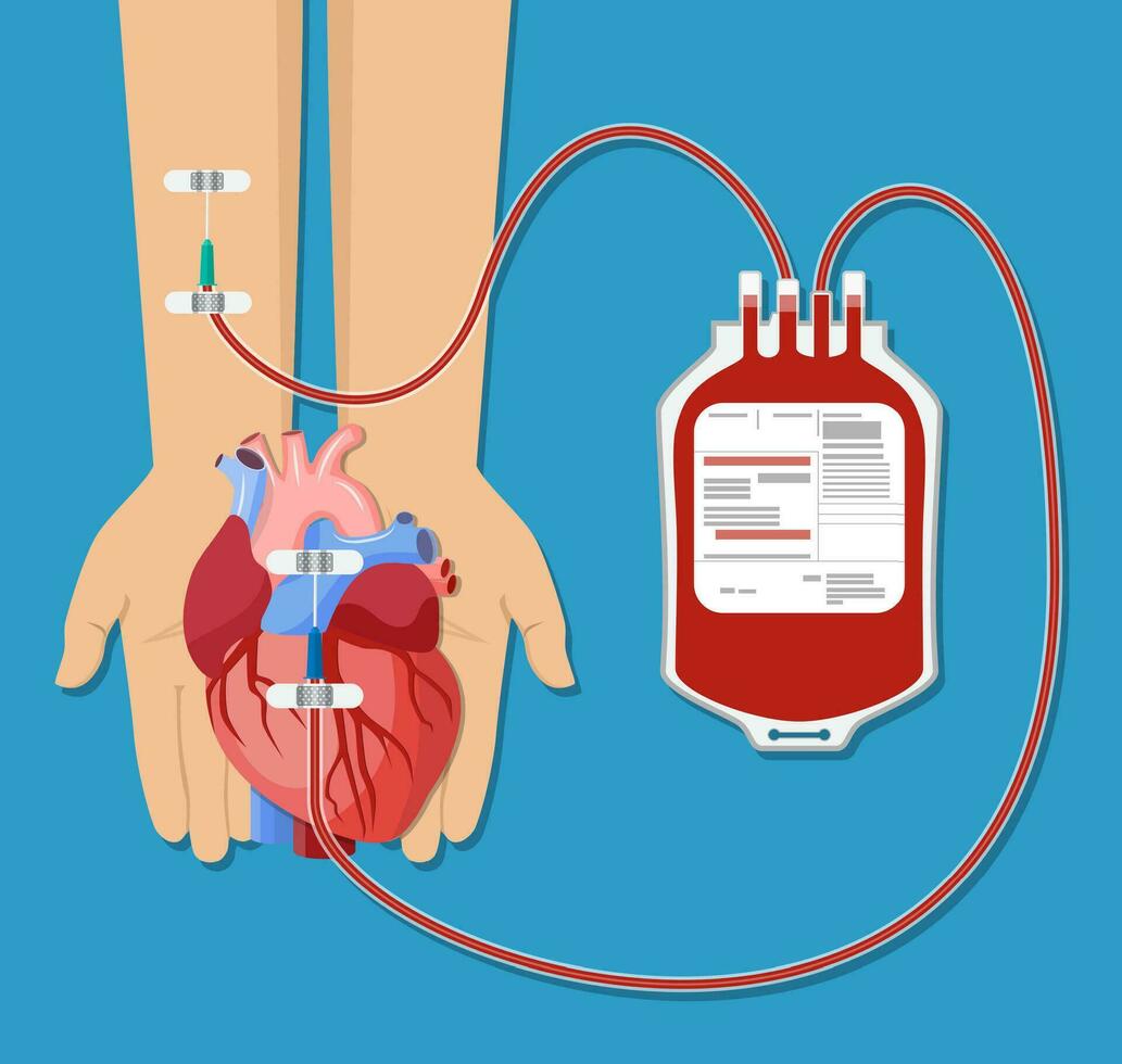 blood bag and hand of donor with heart. vector