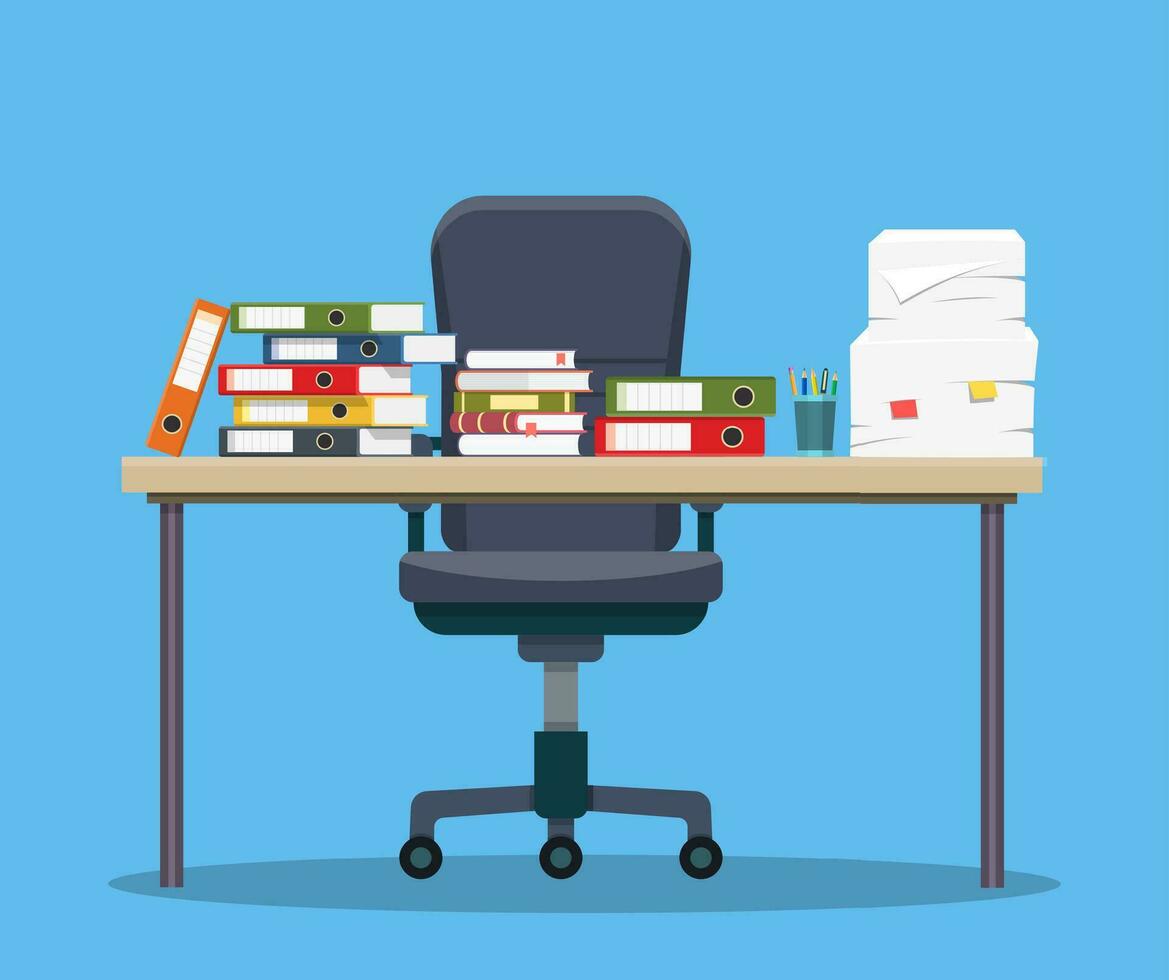 Busy cluttered office table. vector