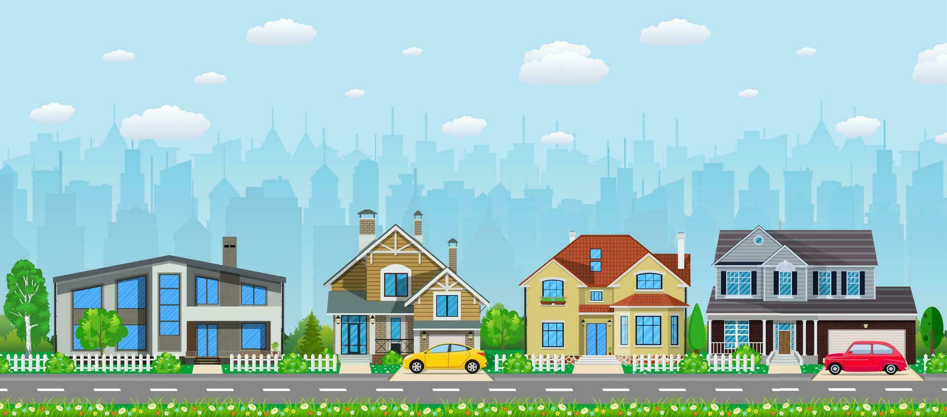 Private suburban houses with car, vector