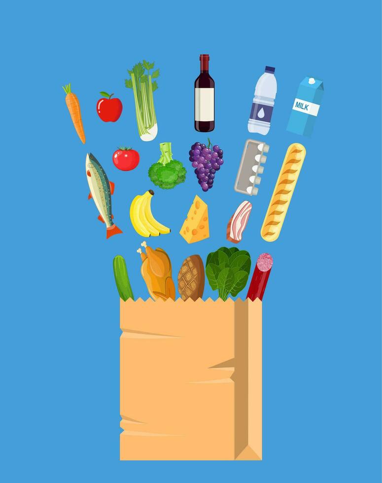 Fresh healthy produce and paper shopping bag. vector