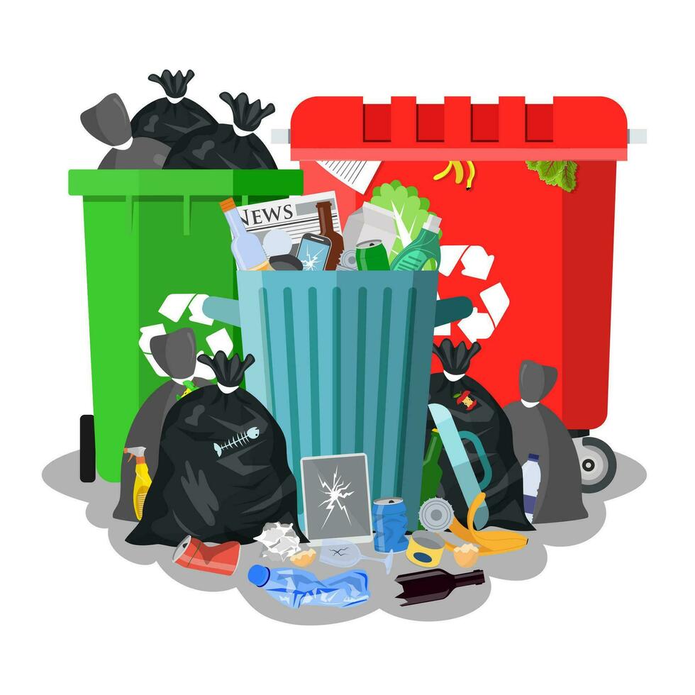 Steel garbage bin full of trash. vector