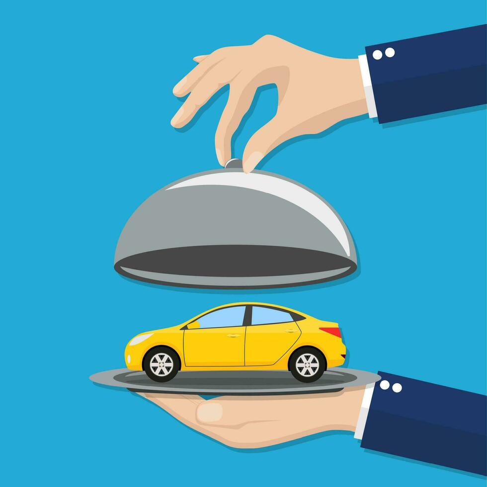 Hand opens serve cloche with yellow car inside vector