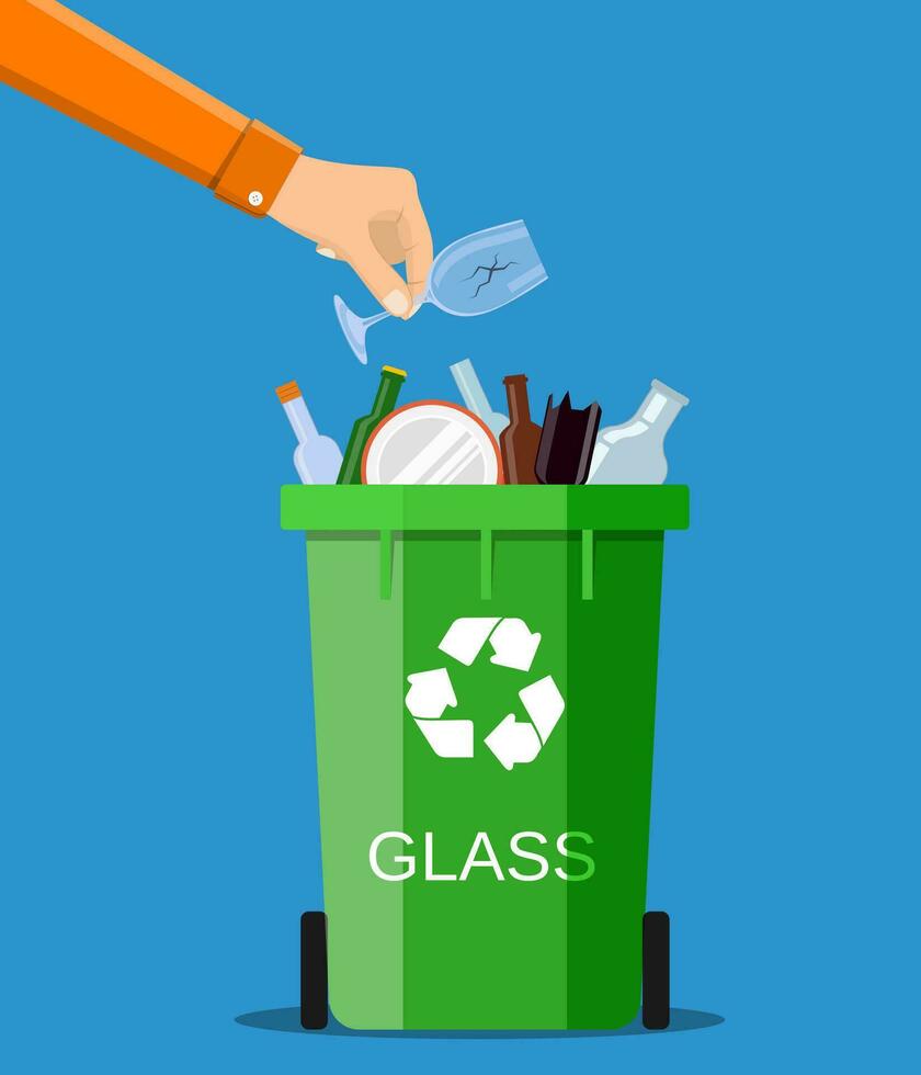 man hand throws garbage into a glass container vector