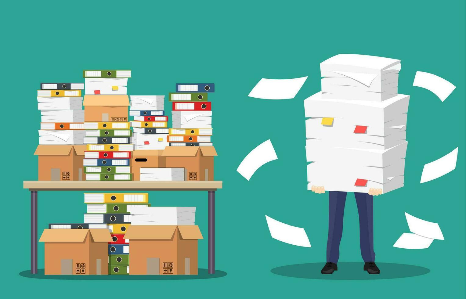 Businessman holds pile of office papers and documents. vector