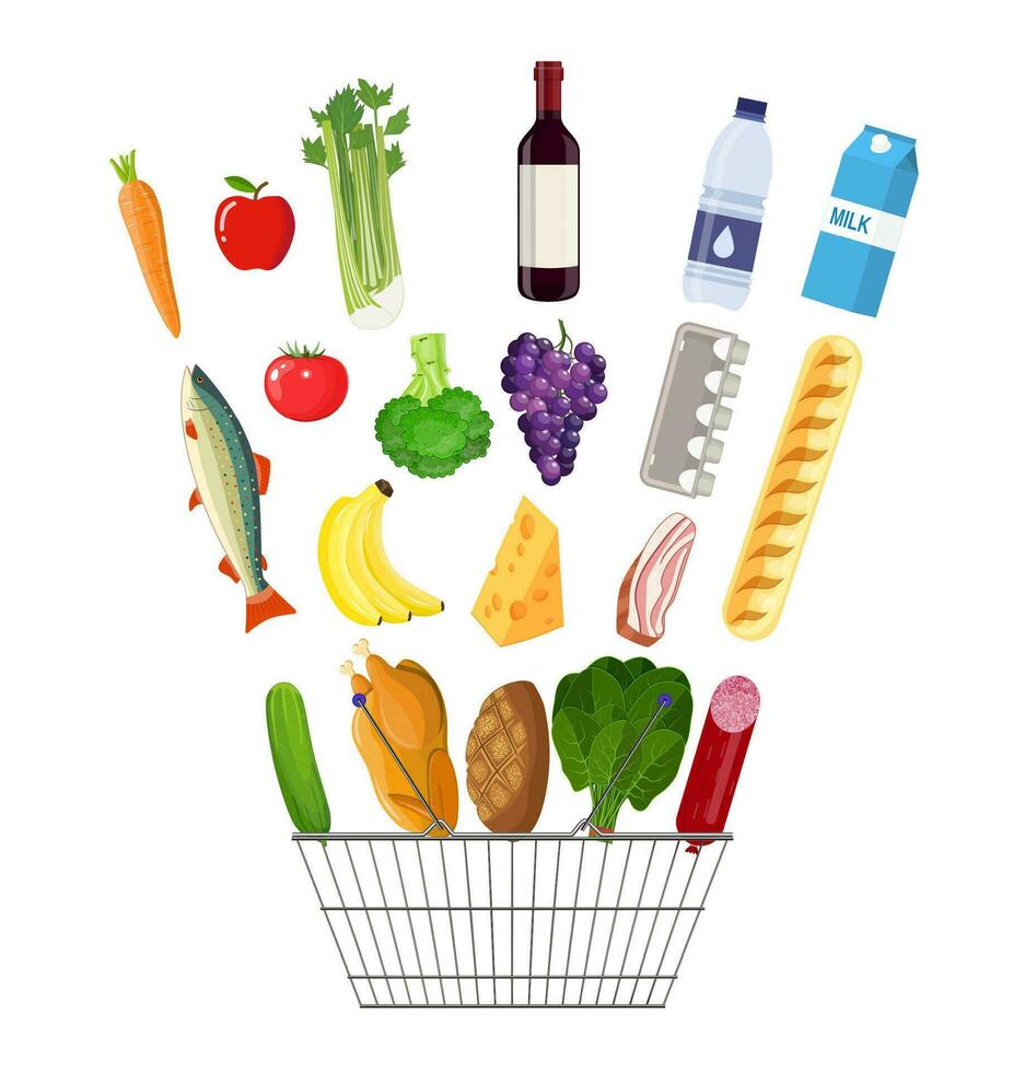 shopping basket full of groceries products. vector