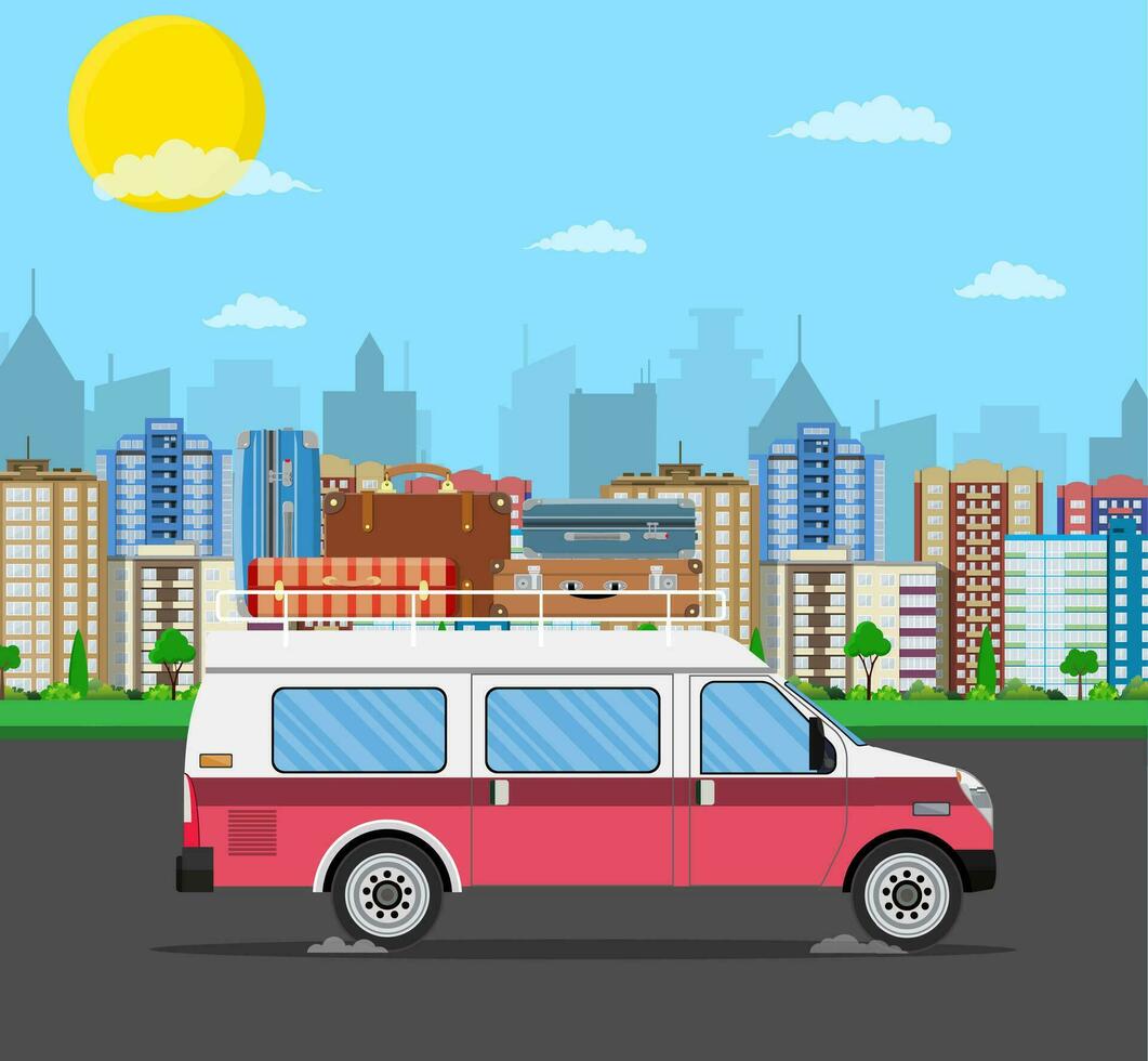 retro viaje camioneta coche con bolso en techo. vector