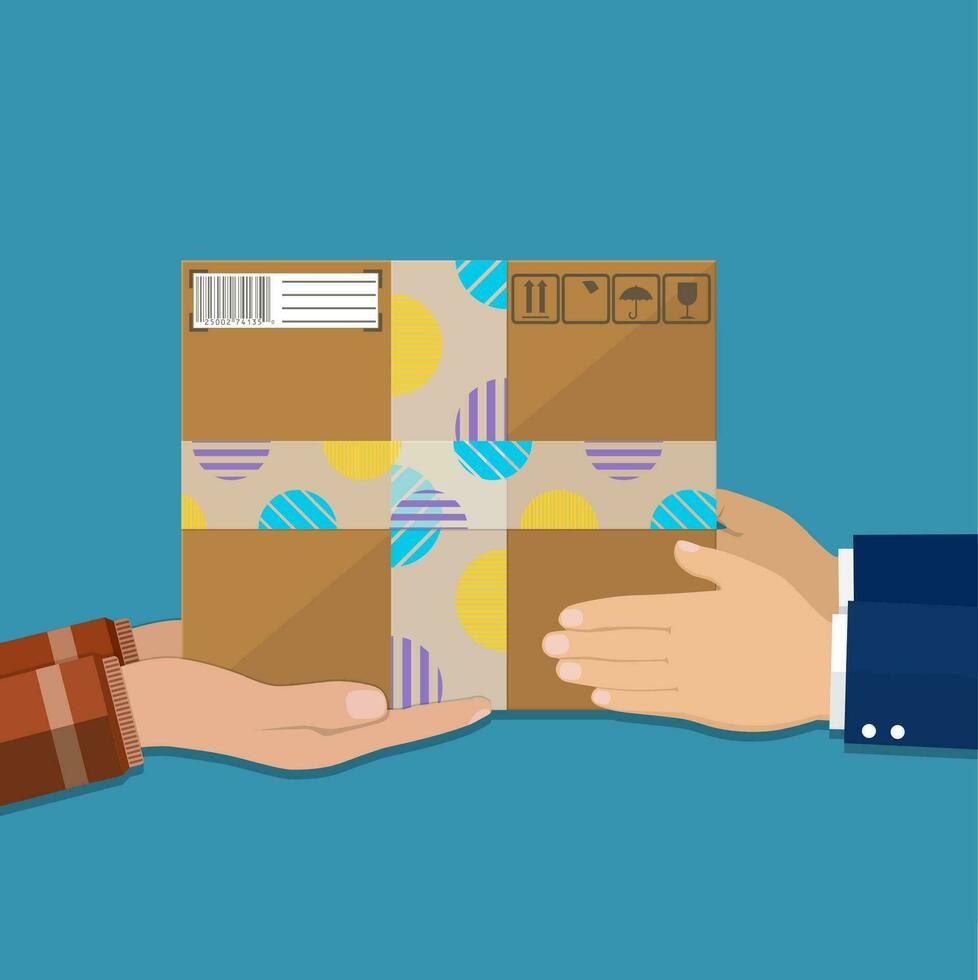 Hands with postal cardboard box. vector