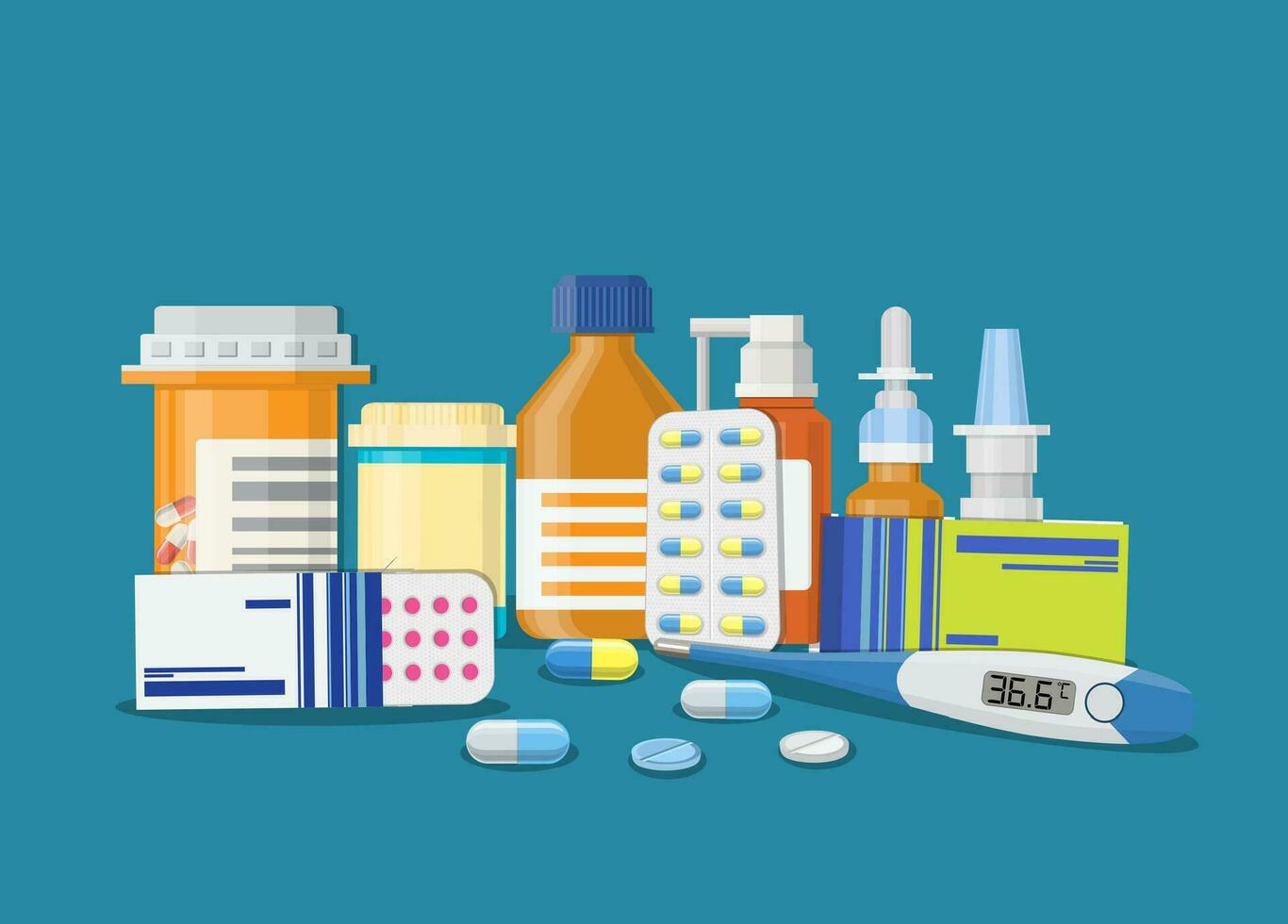Different medical pills and bottles, vector