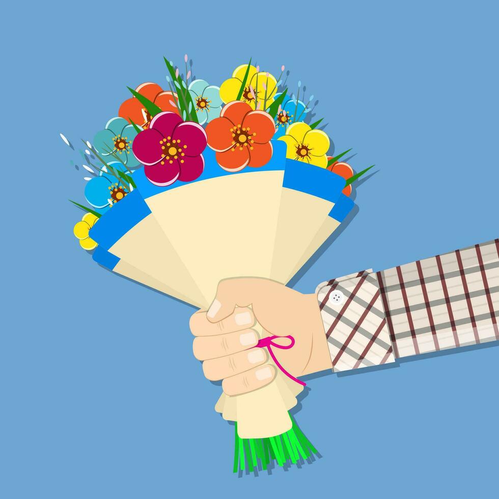 hand holding bouquet flowers vector