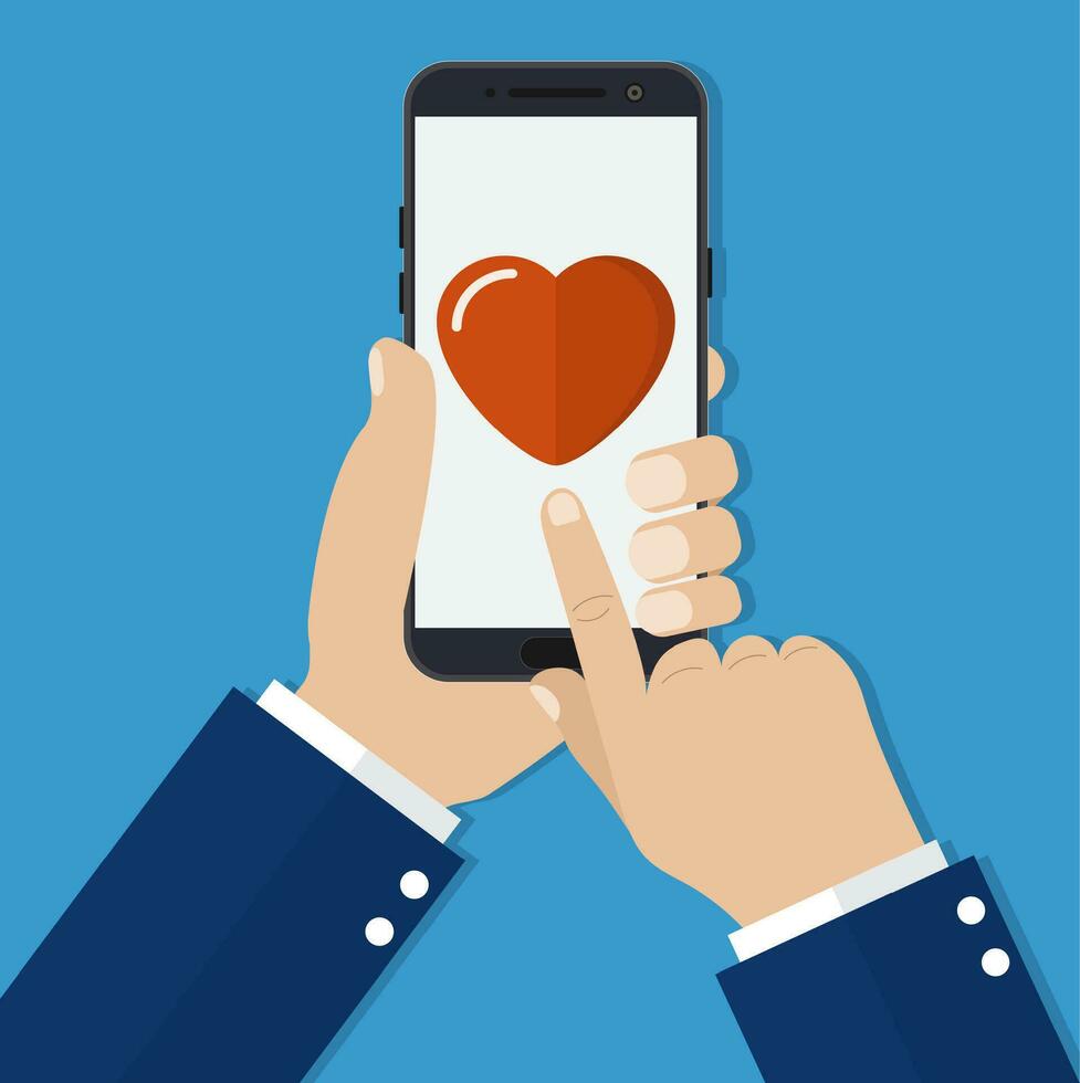 Hand holding smartphone heart on the screen. vector