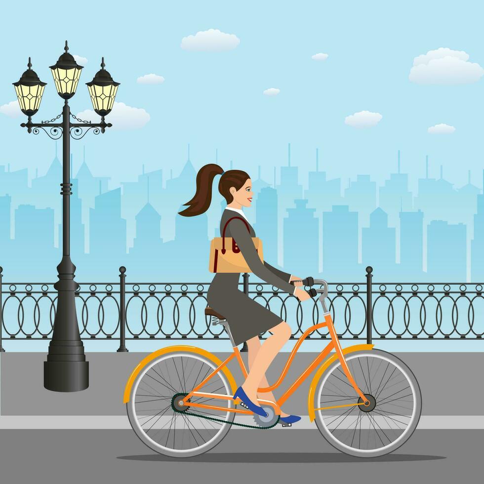 business lady riding on a cruiser bicycle. vector