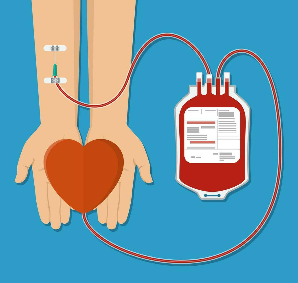 sangre bolso y mano de donante con corazón. vector