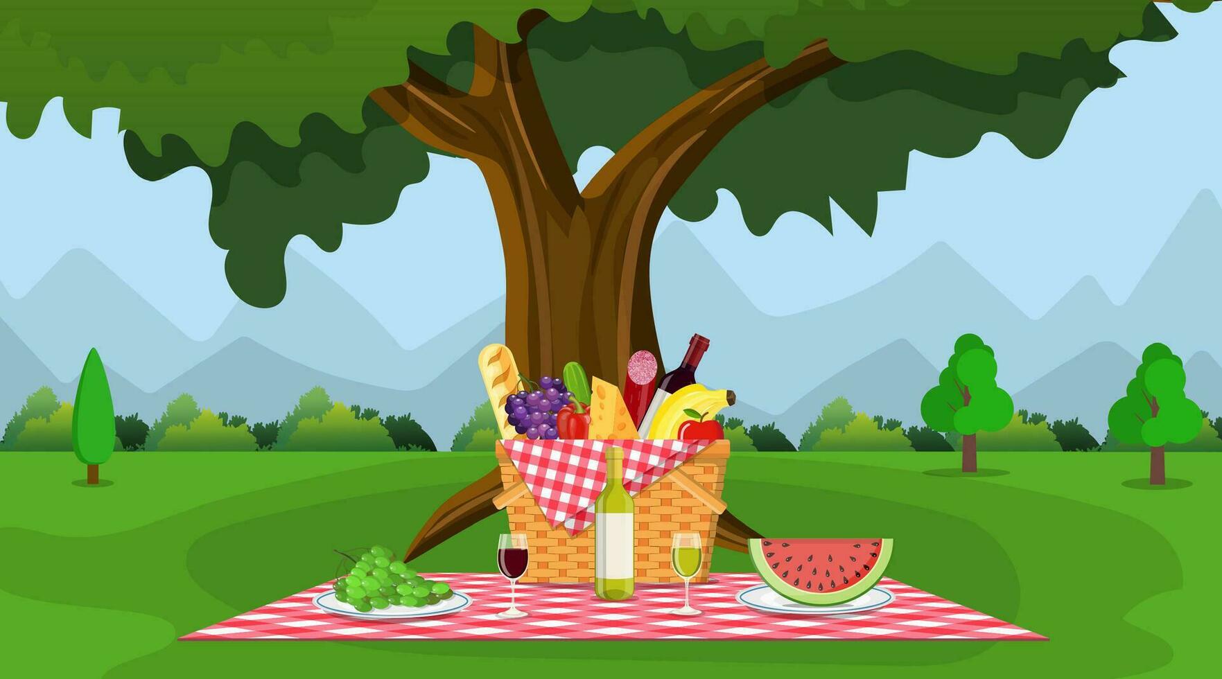 WIcker picnic basket full of products. vector