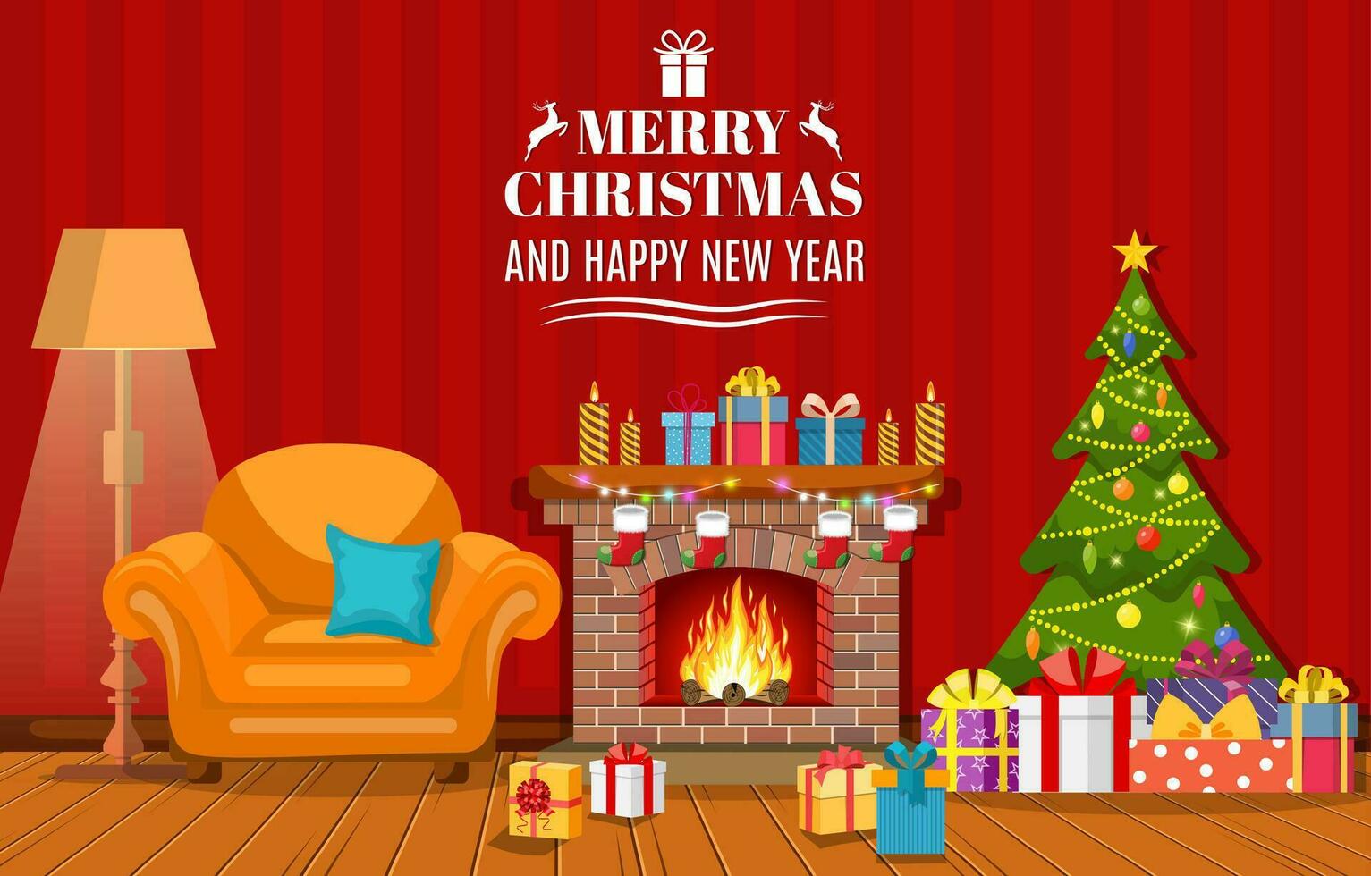 Christmas fireplace room interior vector