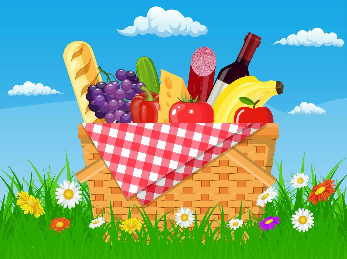 WIcker picnic basket full of products. vector