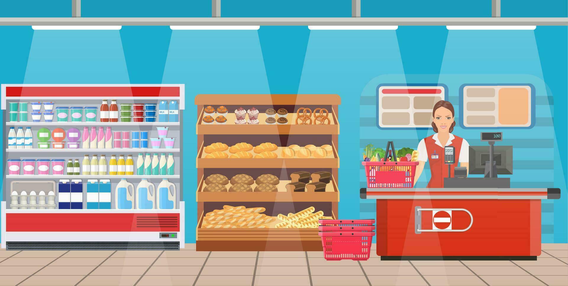 Supermarket store interior with goods. vector