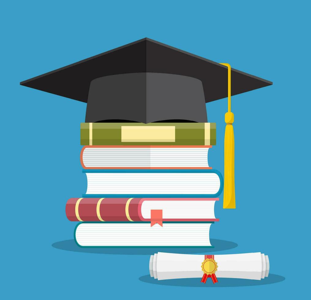 Graduation cap on books stacked, vector