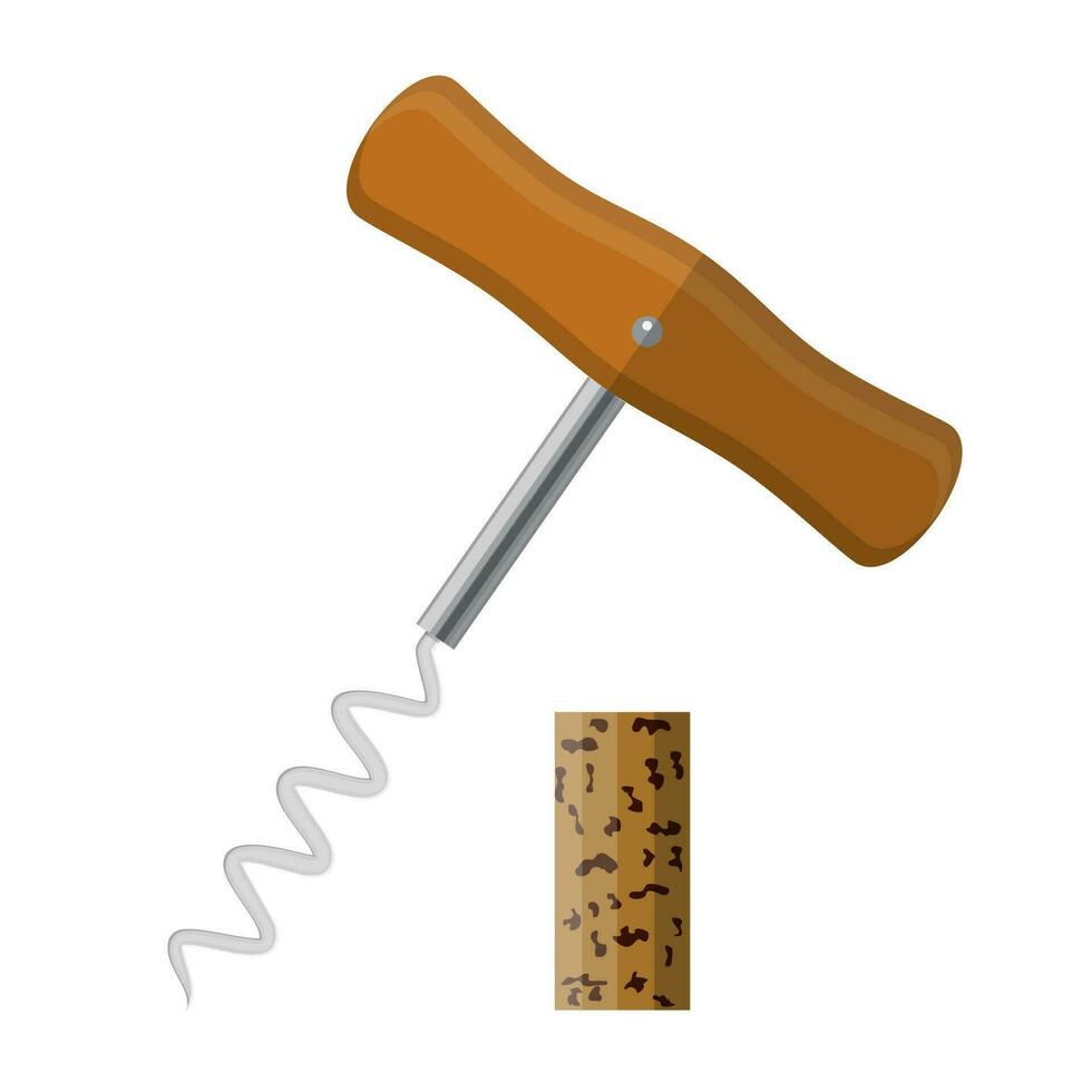 Corkscrew with wooden handle and wine cork. vector