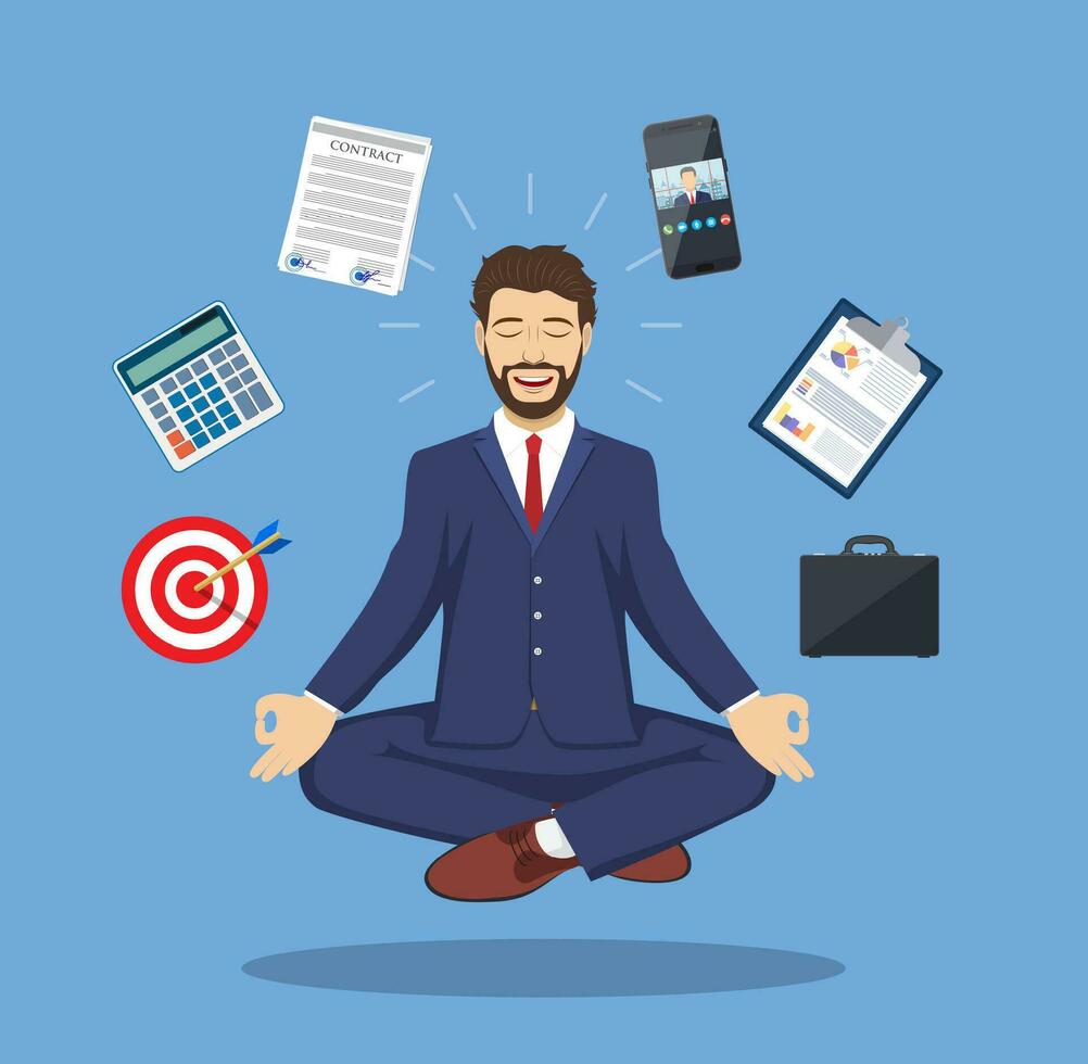 businessman meditating, time management, vector