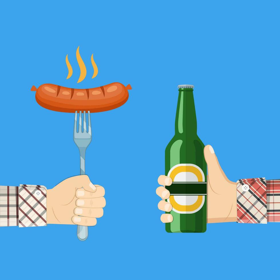 sausage on fork and bottle of beer in hand vector