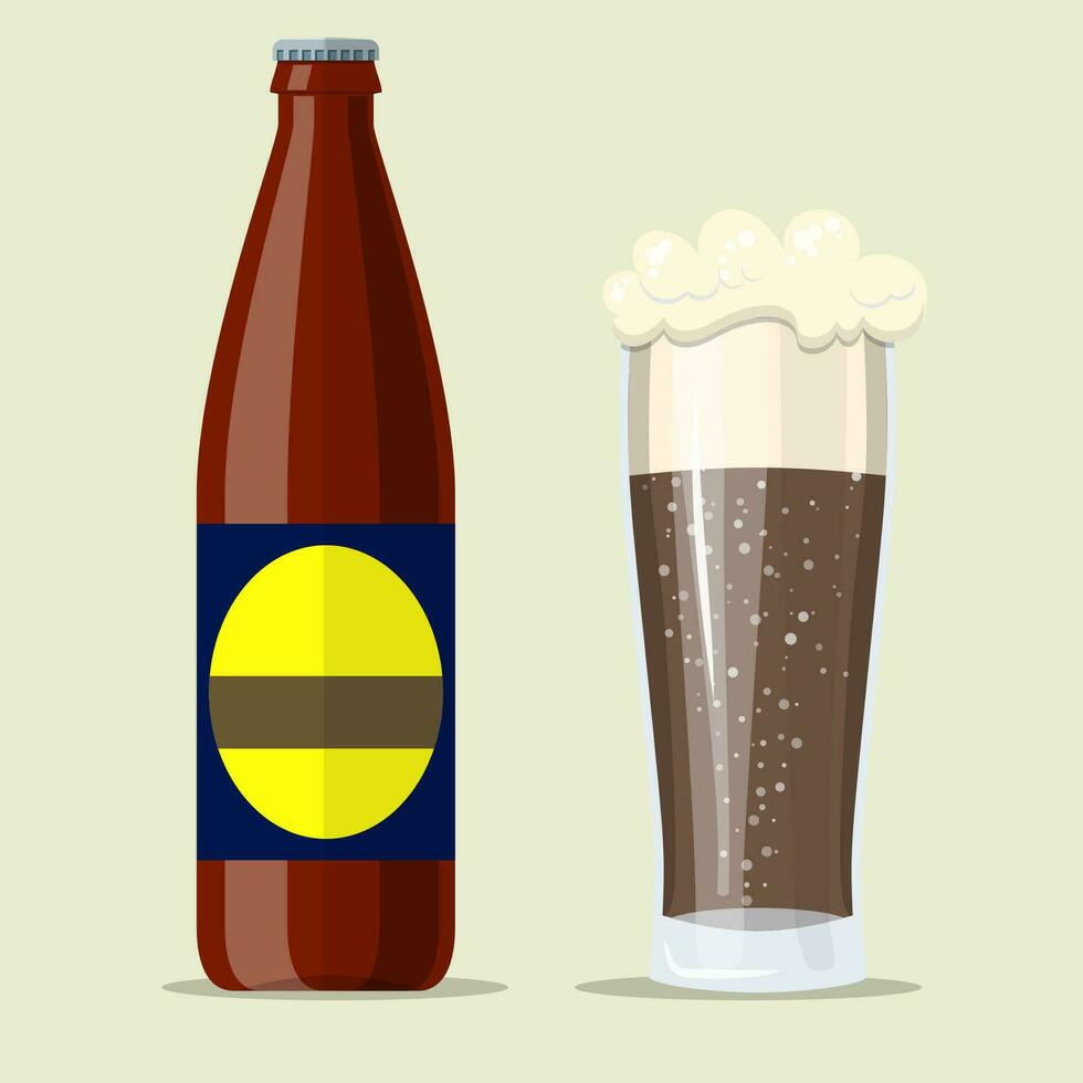 Bottle of dark stout beer with glass. vector