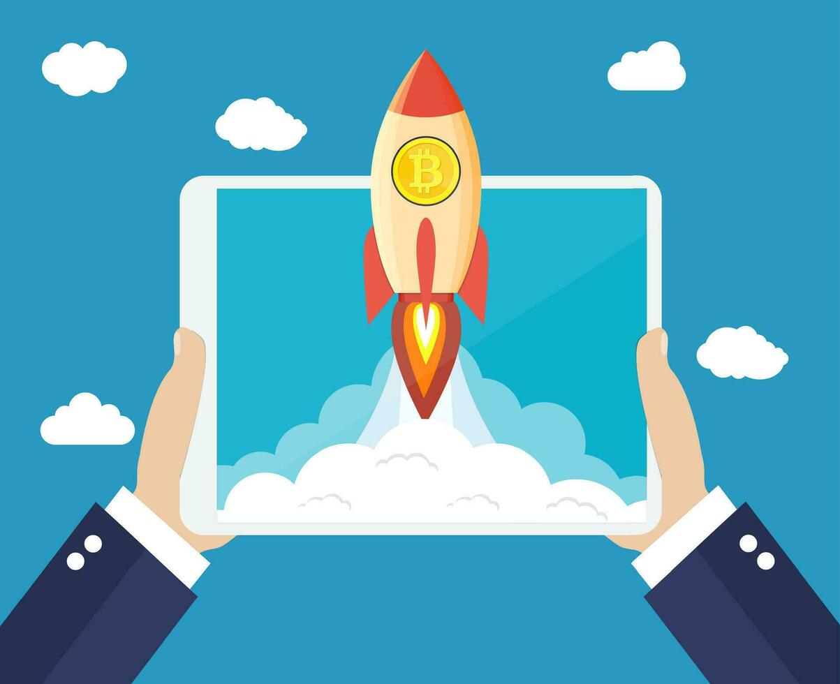 rocket flying over clouds with bitcoin icon vector