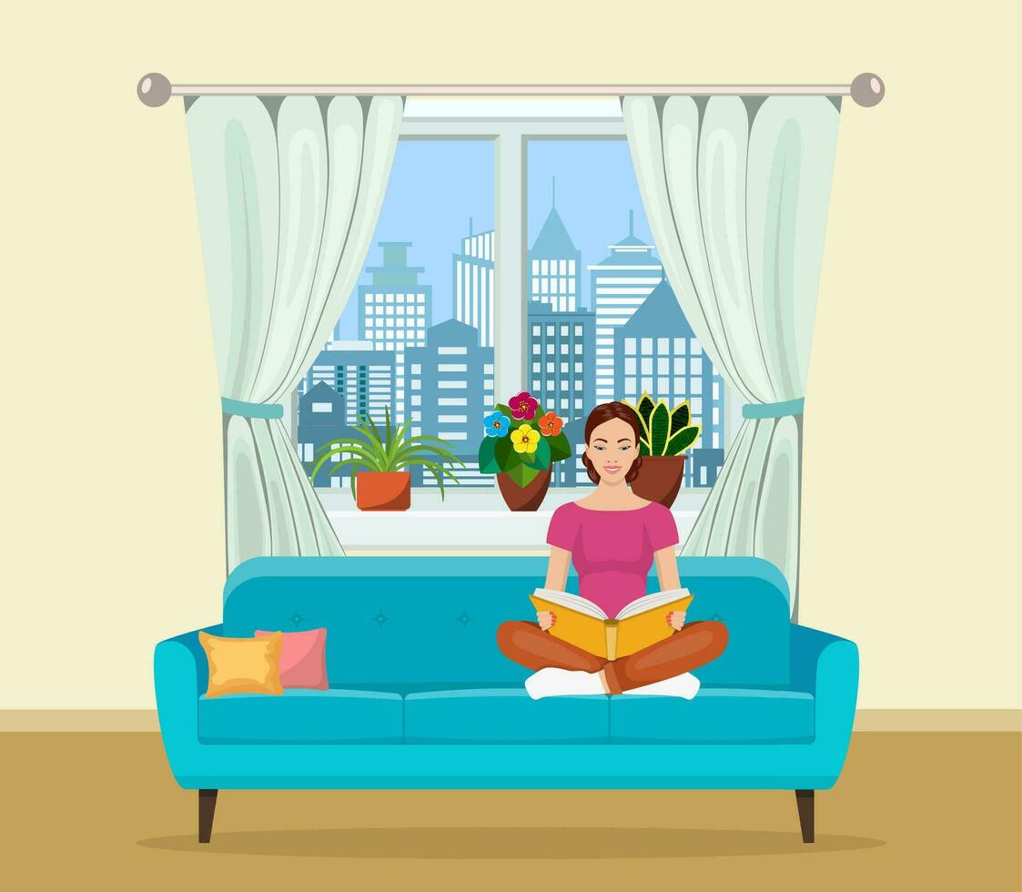 Young woman relaxing on sofa reading book at home vector