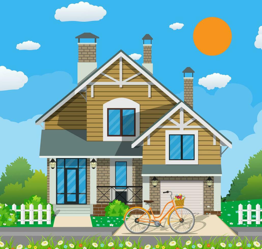 Cute white private house with bicycle vector